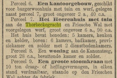 <p>Beschrijving van het 'Heerenhuis met tuin' aan de Thorbeckegracht in een advertentie voor de veiling van het bezit van Eindhoven in de Provinciale Overijsselsche en Zwolsche courant van 201-05-1898 [www.delpher.nl].</p>
